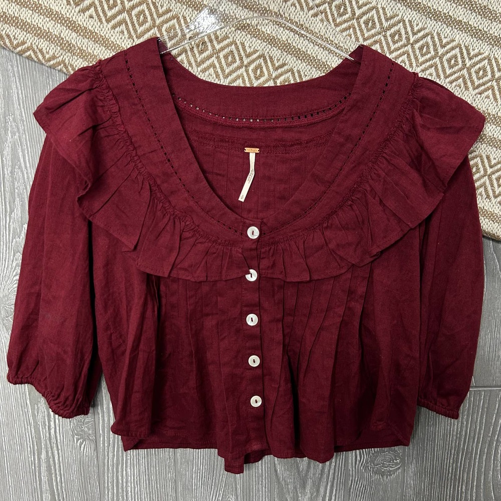 Free People Womens V-Neck Ruffle Trim 3/4 Sleeve Button Front Cropped Top S